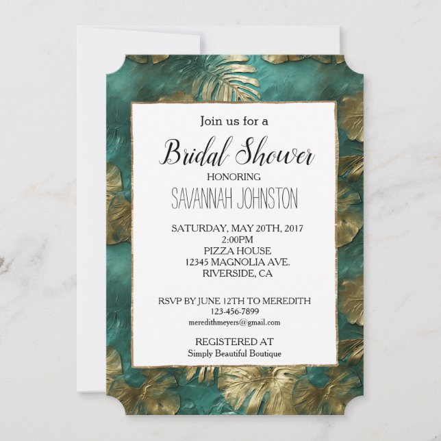 Tropical Gold Emerald Green Leaves Bridal Shower Invitation (Front)