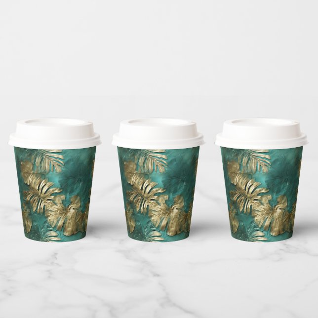 Tropical Gold Emerald Green Leaves Paper Cups (Multi)
