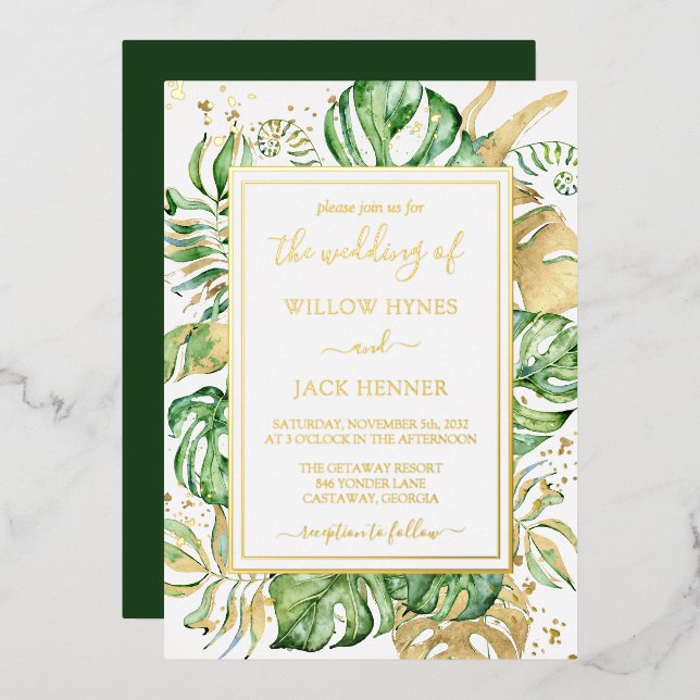 Tropical Gold Foil Elegant Foliage Wedding (Front/Back)