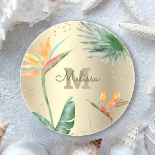 Tropical Gold Foil Floral Foliage Monogram Script Coaster