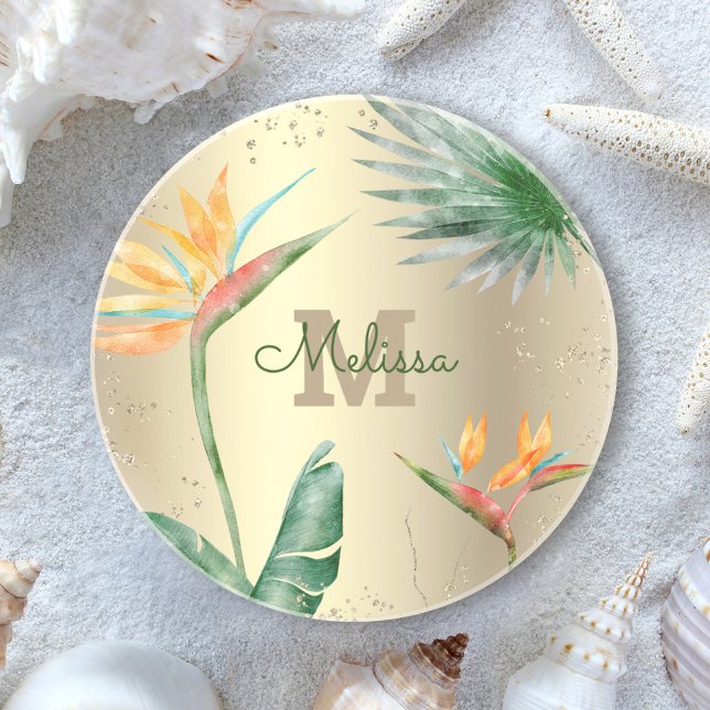 Tropical Gold Foil Floral Foliage Monogram Script  Coaster (Creator Uploaded)