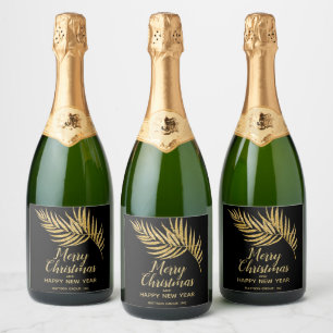 Tropical Gold Glitter Palm Christmas Holiday Sparkling Wine Label