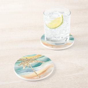 Tropical Gold Glitter Palm Tree Beach Coaster