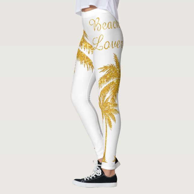 Tropical Gold Glitter Palm Tree Beach Lover  Leggings (Left)