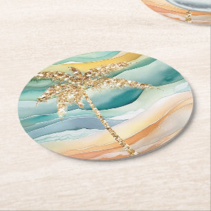 Tropical Gold Glitter Palm Tree Beach Round Paper Coaster