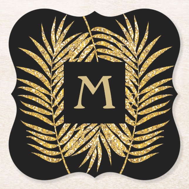Tropical Gold Glitter Palm Tree Fronds Home Decor Paper Coaster (Front)