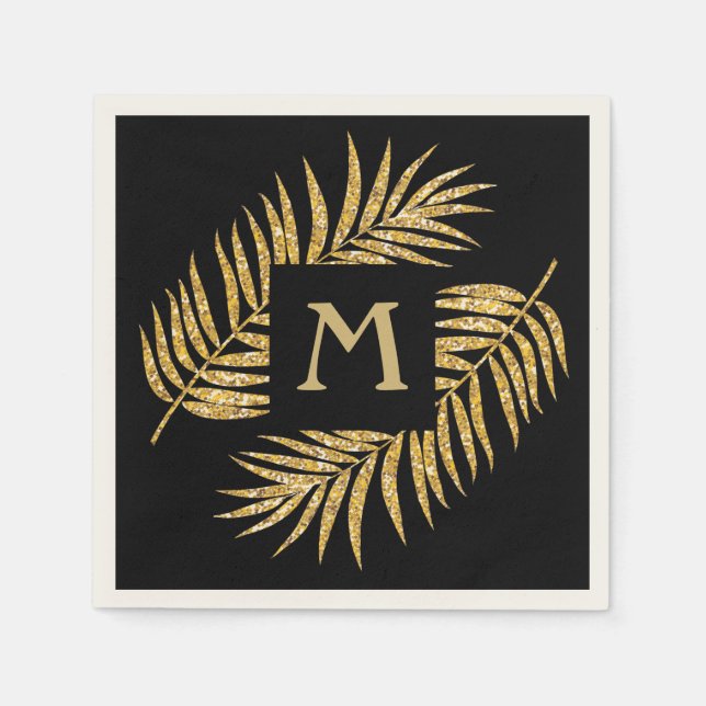 Tropical Gold Glitter Palm Tree Fronds on Black Napkin (Front)