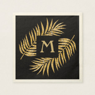 Tropical Gold Glitter Palm Tree Fronds on Black Napkin