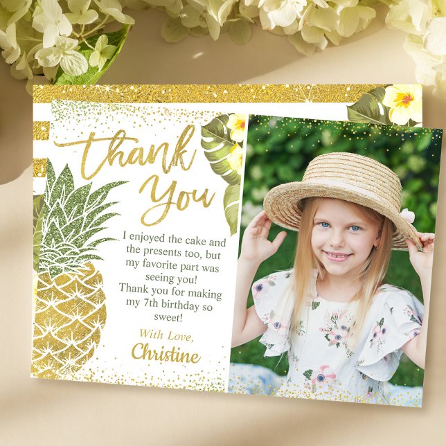 Tropical Gold Glitter Pineapple Birthday Photo Thank You Card (Creator Uploaded)