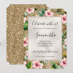 Tropical Gold Glitz Pink Hibiscus Floral Invitation