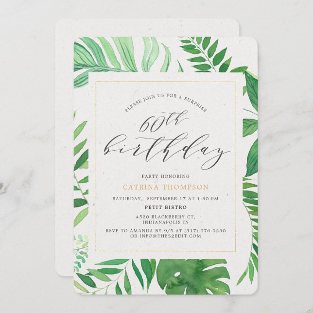 Tropical Gold Green 60th Surprise Birthday Party Invitation (Front/Back)