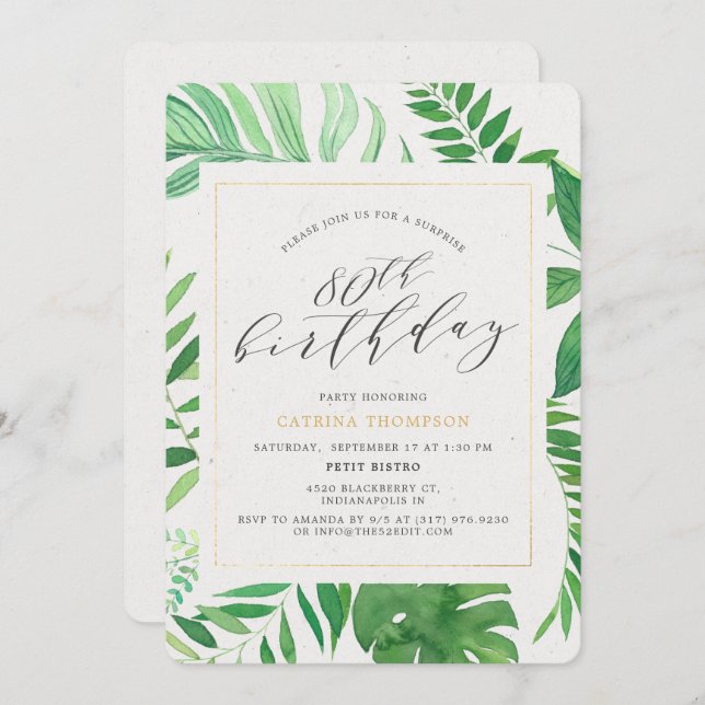 Tropical Gold Green 80th Surprise Birthday Party Invitation (Front/Back)