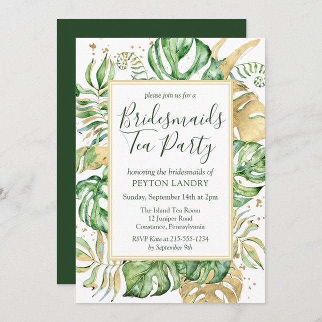 Tropical Gold & Green Bridesmaids Tea Party Invitation (Front/Back)