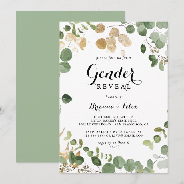 Tropical Gold Green Foliage Gender Reveal Party  Invitation (Front/Back)