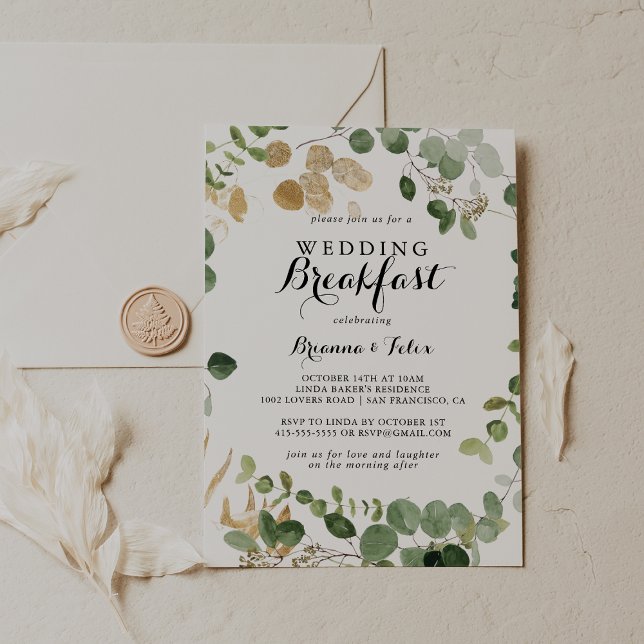 Tropical Gold Green Foliage Wedding Breakfast  Invitation (Creator Uploaded)