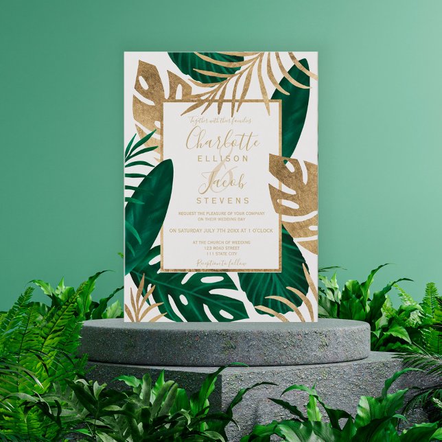 Tropical gold green leaf watercolor script wedding invitation (Creator Uploaded)