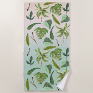 Tropical Gold Green Leaves Beach Towel