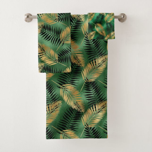 Tropical Gold Green Palm Leaves Bath Towel Set (Insitu)