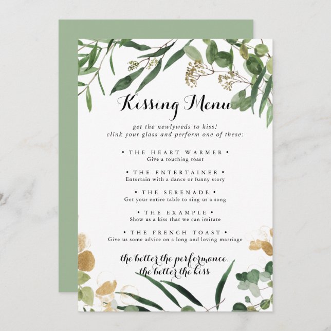 Tropical Gold Green Wedding Kissing Menu Game Card (Front/Back)