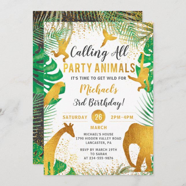 Tropical Gold Jungle Animals Kids Birthday Invitation (Front/Back)
