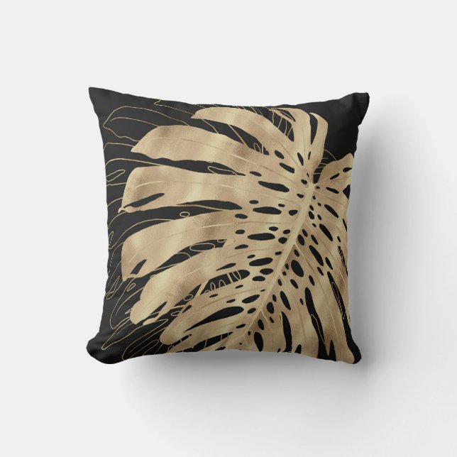 Tropical Gold Monstera Leaf Black Design Cushion (Front)