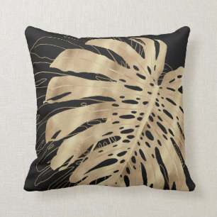 Tropical Gold Monstera Leaf Black Design Cushion