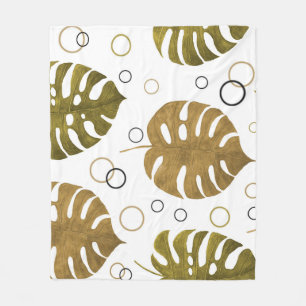 Tropical Gold: Monstera Leaf Watercolor Fleece Blanket