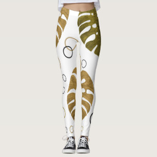 Tropical Gold: Monstera Leaf Watercolor Leggings