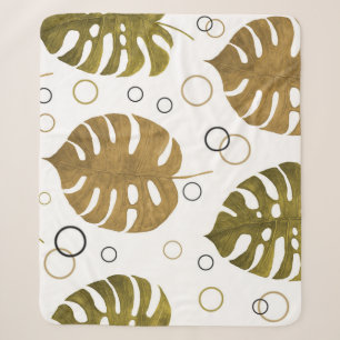 Tropical Gold: Monstera Leaf Watercolor Sherpa Blanket