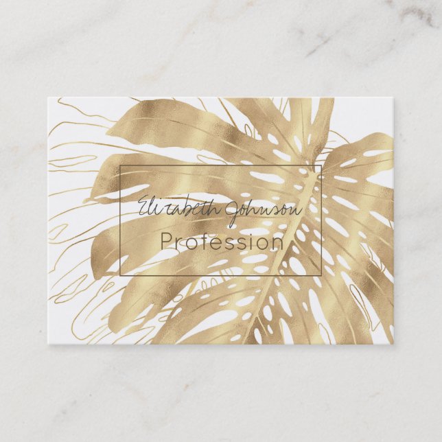 Tropical Gold Monstera Leaf White Design Business Card (Front)