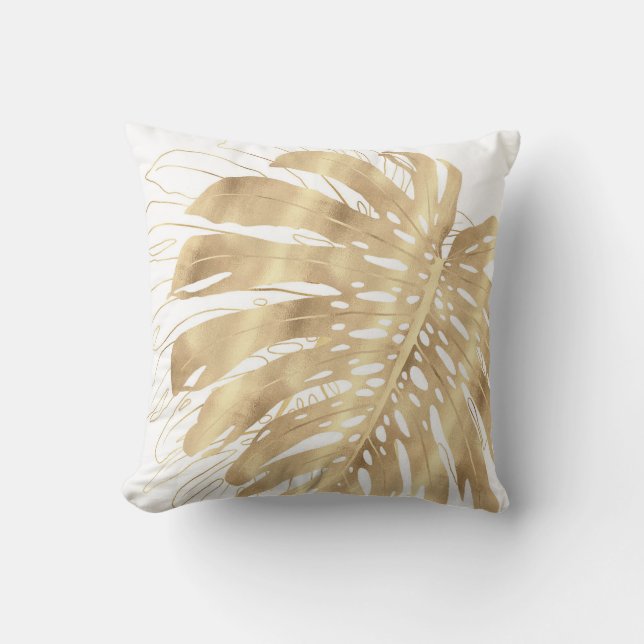 Tropical Gold Monstera Leaf White Design Cushion (Front)