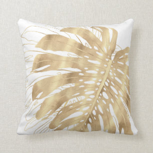 Tropical Gold Monstera Leaf White Design Cushion