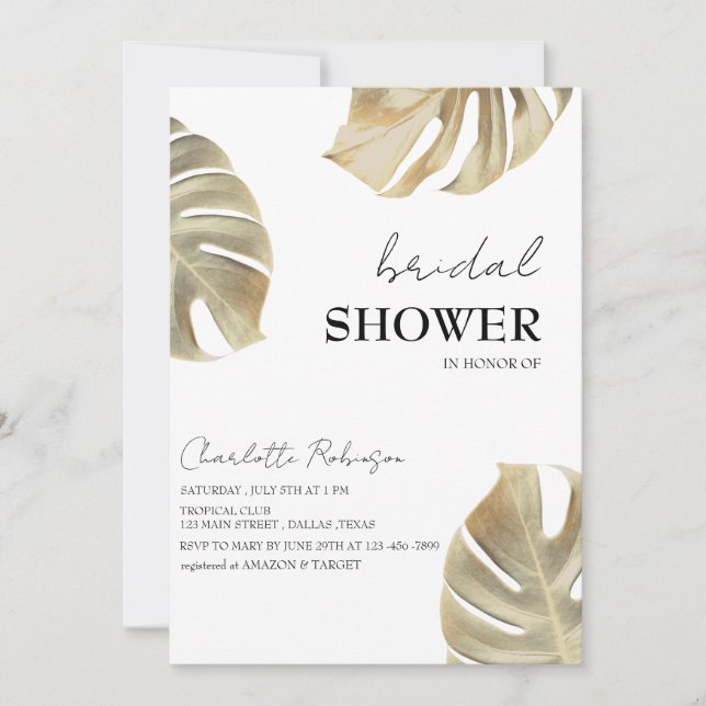 Tropical Gold Monstera leaves Bridal Shower  Invitation (Front)