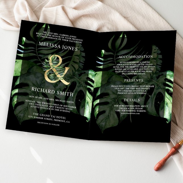 Tropical Gold Monstera Palm Black QR Code Wedding Invitation (Creator Uploaded)