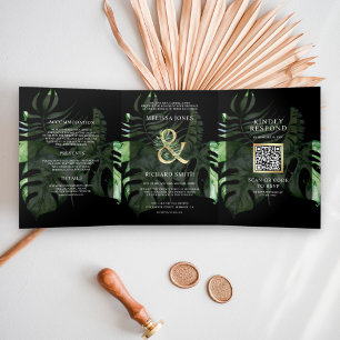 Tropical Gold Monstera Palm Black QR Code Wedding Tri-Fold Invitation