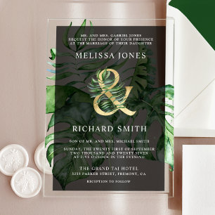 Tropical Gold Monstera Palm Black Wedding Acrylic Invitations