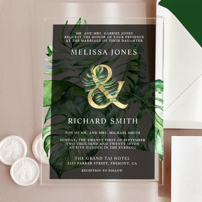 Tropical Gold Monstera Palm Black Wedding  Acrylic Invitations (Creator Uploaded)