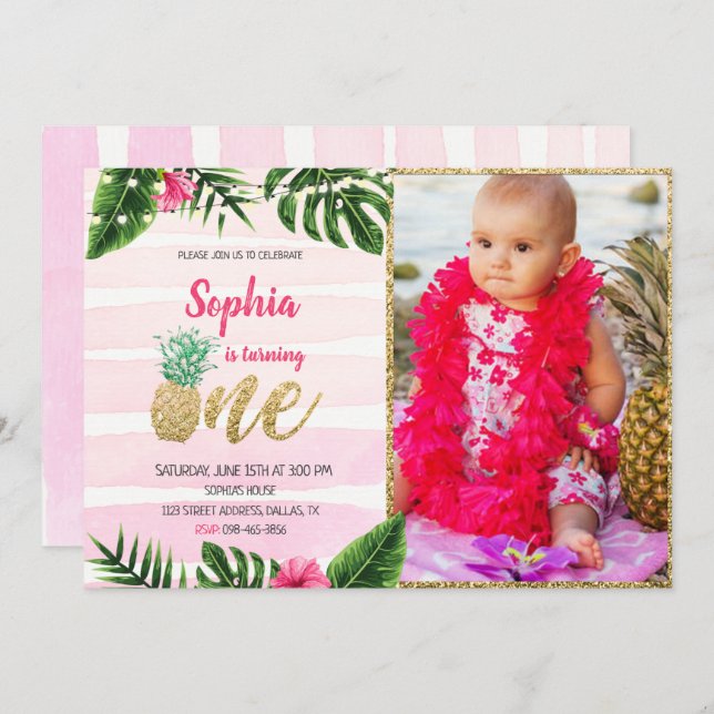 Tropical Gold One Birthday Invitation With Photo (Front/Back)