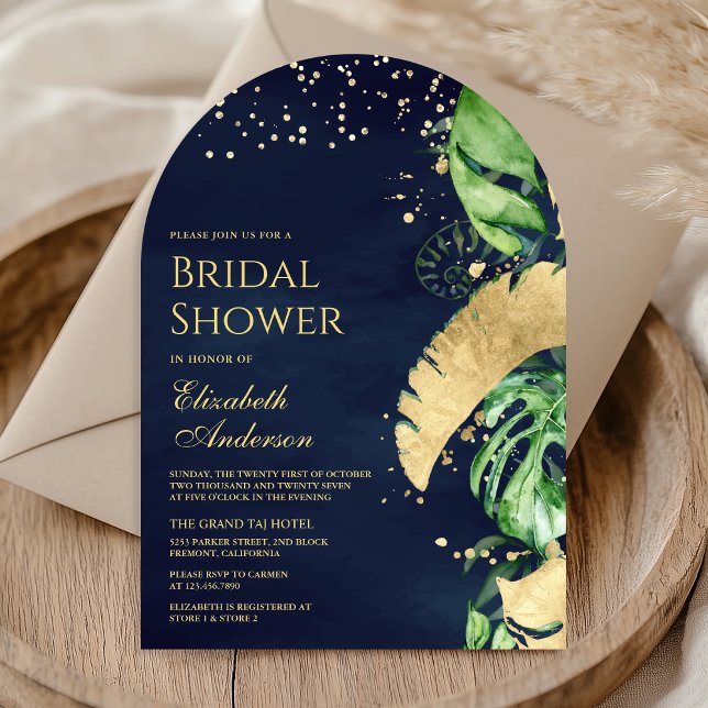 Tropical Gold Palm Arch Navy Blue Bridal Shower Invitation (Creator Uploaded)