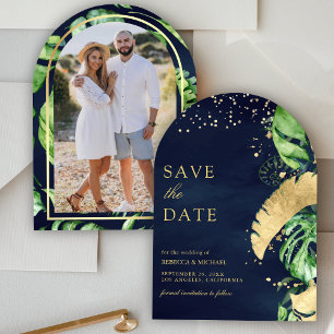 Tropical Gold Palm Arch Navy Blue Wedding Photo Save The Date