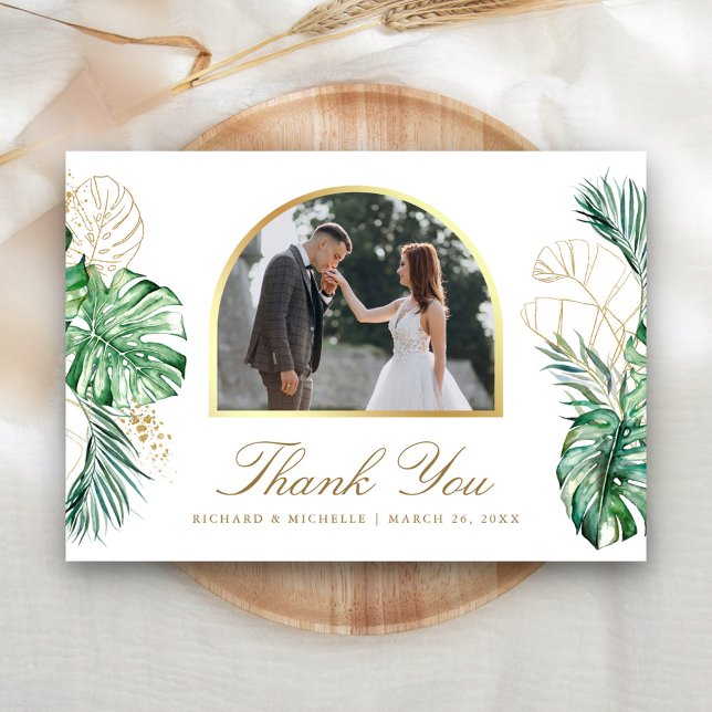 Tropical Gold Palm Arch Photo Wedding Thank You Card (Creator Uploaded)