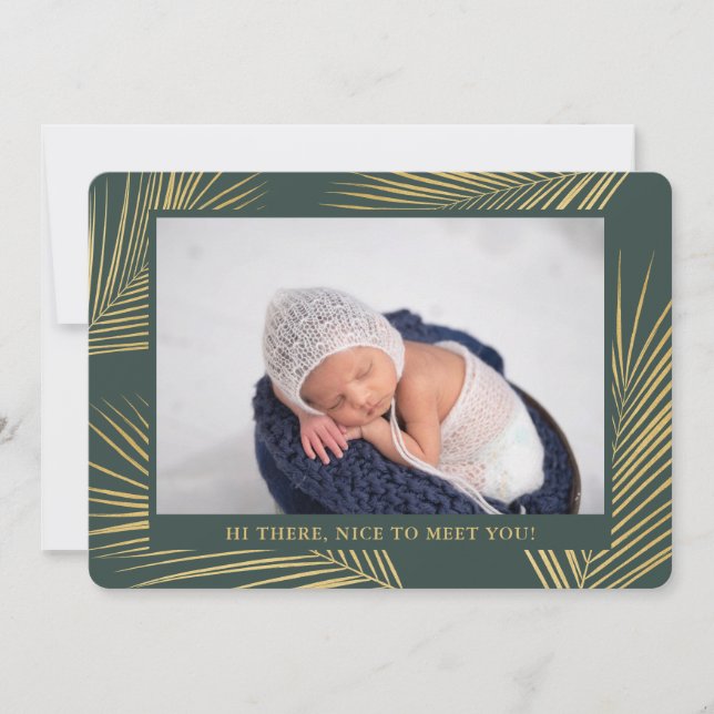 Tropical Gold Palm Dark Green Neutral Birth Announcement (Front)