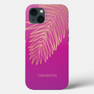 Tropical Gold Palm Leaf, Your Name, Pink Magenta iPhone 13 Case