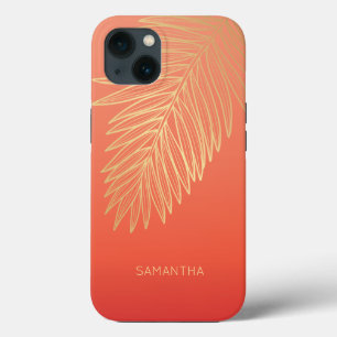 Tropical Gold Palm Leaf, Your Name, Red iPhone 13 Case