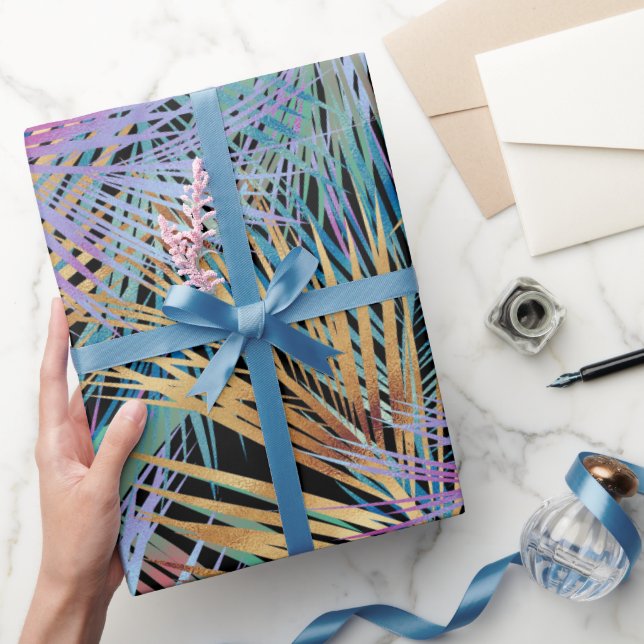 Tropical Gold Palm Leaves Colourful Black Design Wrapping Paper (Gifting)