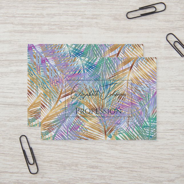 Tropical Gold Palm Leaves Colourful Design Business Card (Front/Back In Situ)