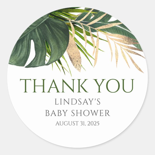 Tropical Gold Palm Leaves Exotic Thank You Classic Round Sticker (Front)