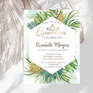 Tropical Gold Palm Leaves Summer Quinceañera Invitation
