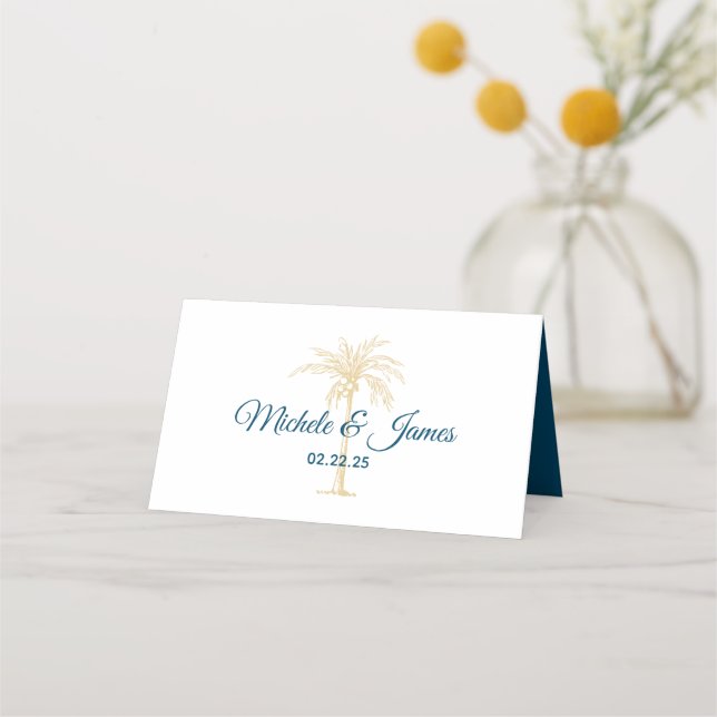 Tropical Gold Palm Tree Beach Modern Wedding Place Card (Front)