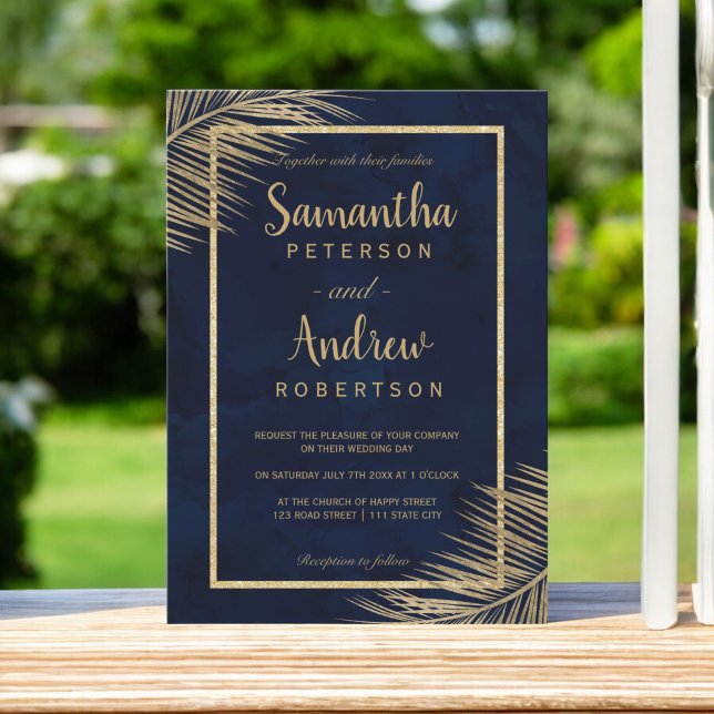 Tropical gold palm tree beach navy blue wedding 2 invitation (Tropical gold palm tree beach navy blue wedding 2 invitation)